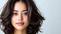 Young Asian woman with wavy dark hair and natural makeup looking at camera against light background, expressing confidence and serenity in professional portrait.