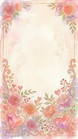 Watercolor floral frame with roses, peonies, and decorative hearts on isolated white background. Ornamental border design with pink, coral, and purple blooms, scrollwork, and foliage. Ready for invitations, greeting cards, and stationery projects.
