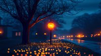Glowing orange street lamp illuminates scattered fireflies on grassy hill at dusk, creating magical atmosphere with bokeh lights against dark blue evening sky.