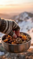 Hand in knitted glove holding bowl of mixed dried fruits and nuts outdoors at sunset with snowy mountain landscape in background.