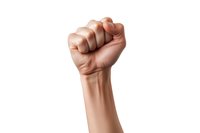 Raised fist gesture showing power, protest and solidarity against white background. Caucasian skin tone hand expressing strength and unity.