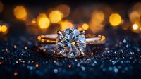 Sparkling diamond solitaire engagement ring on dark blue surface with golden bokeh lights, luxury jewelry for weddings and special occasions.