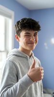 Happy teenage boy giving thumbs up gesture in casual gray hoodie at home showing positive attitude and confidence in bright blue bedroom interior.