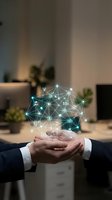 Businessman hands holding glowing digital network with connected icons representing modern technology and business connectivity in office environment.