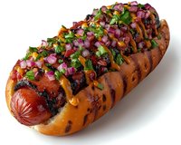 Grilled hot dog topped with diced red onions, fresh herbs, and colorful condiments in toasted bun with char marks, served on white background for food service.
