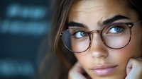 Young professional woman with glasses looking thoughtfully to side in modern office environment with soft lighting and blurred background.