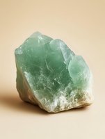 Raw green fluorite crystal cluster with white matrix base on neutral beige background, showing natural mineral formation and translucent crystalline structure.