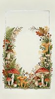 Watercolor autumn forest frame with mushrooms, ferns, berries, and oak leaves surrounding a blank center for text or design use.