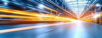 Abstract motion blur in modern tunnel with glowing orange and blue light trails creating dynamic perspective leading to bright vanishing point. Speed concept.