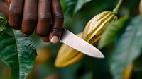 African farmer harvesting ripe yellow cocoa pod from tree with knife, close-up view of hands cutting fresh cacao fruit during plantation harvest season.