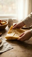 Hands cutting aged cheese on rustic wooden table in warm sunlit kitchen with fresh fruits and pottery creating cozy culinary atmosphere for cooking preparation.