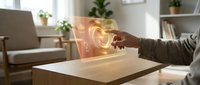 Hand touching a glowing holographic display above a wooden table in a modern living room, showcasing futuristic smart home technology.