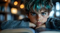 Young boy with intense blue eyes and freckles resting head on arms while reading book, moody atmospheric lighting with soft bokeh background creates contemplative mood.