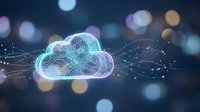 Digital cloud computing technology with glowing network connections and circuit patterns against blurred city lights background for tech presentations.
