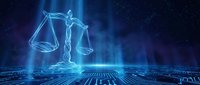 Glowing blue holographic scales of justice on a futuristic circuit board background, symbolizing AI law, digital ethics, and legal technology.