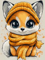 Cute fox cub wearing yellow knit beanie and scarf, with big expressive eyes and sweet smile, drawn in kawaii anime style on light background with orange splashes.