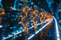 Glowing orange DNA helix structures float against dark blue background with light trails and bokeh effects, creating futuristic scientific visualization.
