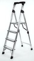 Aluminum step ladder with four steps, black safety grips, and sturdy frame for home improvement, construction, and maintenance projects.