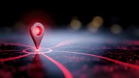 Red glowing location pin marker on digital network grid with connecting lines and bokeh lights against dark background for navigation apps.