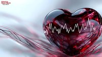 Red glass heart with heartbeat line pulse trace on glossy surface reflecting light, medical and healthcare concept for cardiovascular wellness and heart rhythm monitoring.