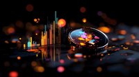 Glowing cryptocurrency chart with digital coin reflection on dark surface amid colorful bokeh lights creating futuristic financial technology atmosphere.