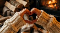 Hands in cozy knit sweater sleeves forming heart shape by warm fireplace with firewood stack creating romantic winter atmosphere for Valentine's Day celebration.