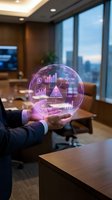 Businessman holding holographic sphere with financial data charts and graphs in modern office boardroom for business analytics and forecasting presentations.