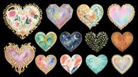 Watercolor heart collection with floral, celestial, and ornate gold designs, isolated on transparent background. Great for stickers, cards, t-shirt design, and print on demand.