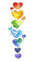 Watercolor rainbow hearts arranged vertically with vibrant red, yellow, green, blue, and purple hues on white background, ideal for love-themed designs.
