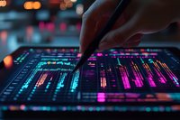 Professional finger touching digital audio mixer with colorful faders and buttons in neon pink and blue lights against dark background, music production setup.
