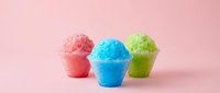 Colorful shaved ice cups in pink, blue, and green arranged on pastel background, ready for summer beverage, dessert, and food service design projects.