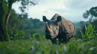Young rhinoceros standing in green grass against blurred forest background. Powerful wild animal in natural habitat showing strength and endangered species conservation.