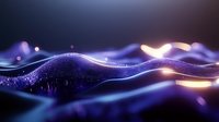Glowing purple and gold waves with sparkling particles create dynamic flowing motion against dark background, abstract modern design for technology presentations.