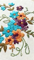 Colorful floral embroidery on white fabric featuring turquoise, purple and orange flowers with green leaves and decorative swirls in traditional needlework style.