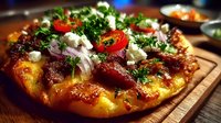 Gourmet pizza topped with fresh herbs, cherry tomatoes, cheese and greens on wooden board. Restaurant quality Italian cuisine ready for food photography and menu design.