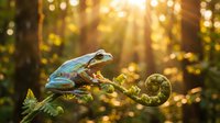 Colorful chameleon perched on curled fern frond in golden sunlit forest with warm bokeh light rays streaming through trees creating magical woodland atmosphere.