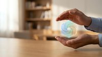 Hands holding glowing globe with green and blue colors, representing environmental protection, sustainability, and eco-friendly business solutions for corporate and conservation projects.