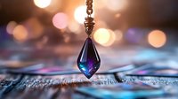 Mystical crystal pendant with purple and blue hues hanging against blurred bokeh lights background on textured surface, creating magical atmosphere.