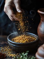 Hand sprinkling golden aromatic spice mixture into dark ceramic bowl with rising steam, dramatic lighting and moody atmosphere for food photography and culinary blogs.