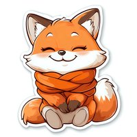 Cute cartoon fox character wearing orange scarf, smiling with closed eyes. Isolated sticker design on white background for digital and print use.