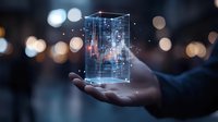 Businessman holding glowing digital hologram of smart city with connected network infrastructure and data visualization technology for urban development and innovation.