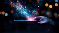 Magical glowing sparkles and colorful light particles emerging from smartphone in female hand against dark background with bokeh lights. Digital transformation concept.