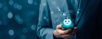 Professional businessman holding glowing AI chatbot icon with digital interface elements and bokeh lights background for technology presentations.