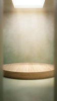 Empty wooden round platform stage with soft natural lighting and blurred neutral background for product display and presentation mockup.