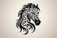 Black tribal horse head with flowing mane and decorative swirl patterns on light background, isolated design element for tattoo art and creative projects.