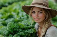 Young blonde woman with straw hat and braid holding fresh green leafy vegetables in garden, representing healthy organic farming lifestyle.
