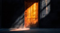 Dramatic wooden door illuminated by diagonal sunbeam against dark wall creates mysterious atmosphere with strong light and shadow contrast, suggesting opportunity.