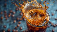 Dynamic splash of cold brew coffee in glass with scattered coffee beans, captured in high-speed photography against blue background. Liquid crown formation with rich amber color.