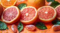 Fresh pink grapefruit and orange citrus slices with green leaves and water drops on coral background, top view arrangement for healthy food concept.