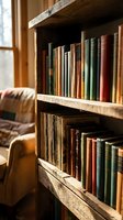Vintage books collection on rustic wooden bookshelf in cozy home library with warm natural lighting creating peaceful reading atmosphere for education and literature.